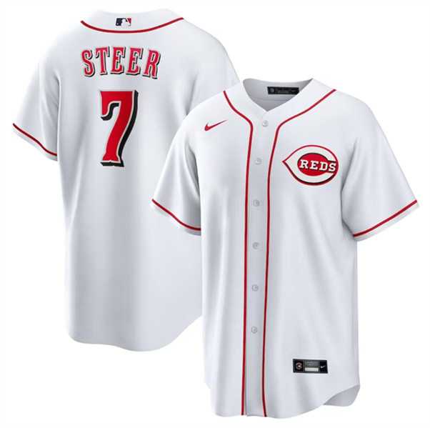 Mens Cincinnati Reds #7 Spencer Steer White Cool Base Stitched Baseball Jersey Dzhi